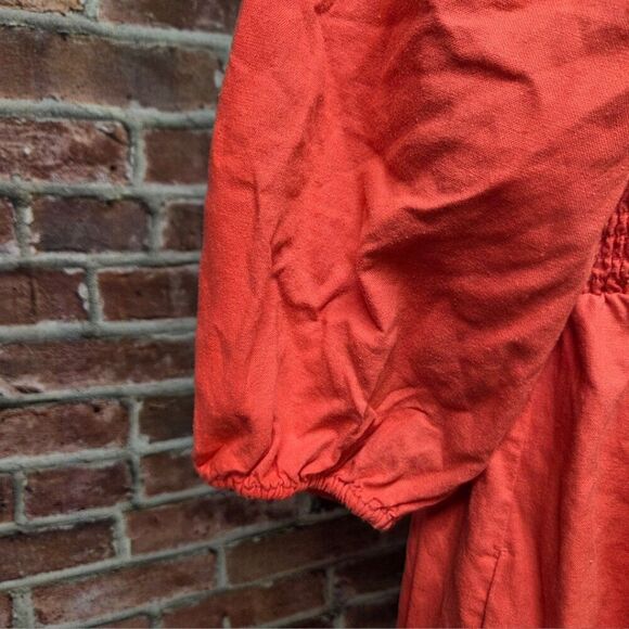 Isabel Maternity Coral Mini Dress Medium Smocked Puff Sleeve Linen Blend - Picture 7 of 7